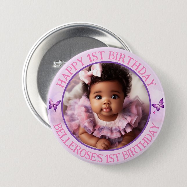 Sweet Pastel Pink/Purple 1st Birthday Photo 3 Inch Round Button (Front & Back)