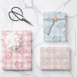 Sweet Pastel Playful Hand Drawn Cat Face Gingham Wrapping Paper Sheet