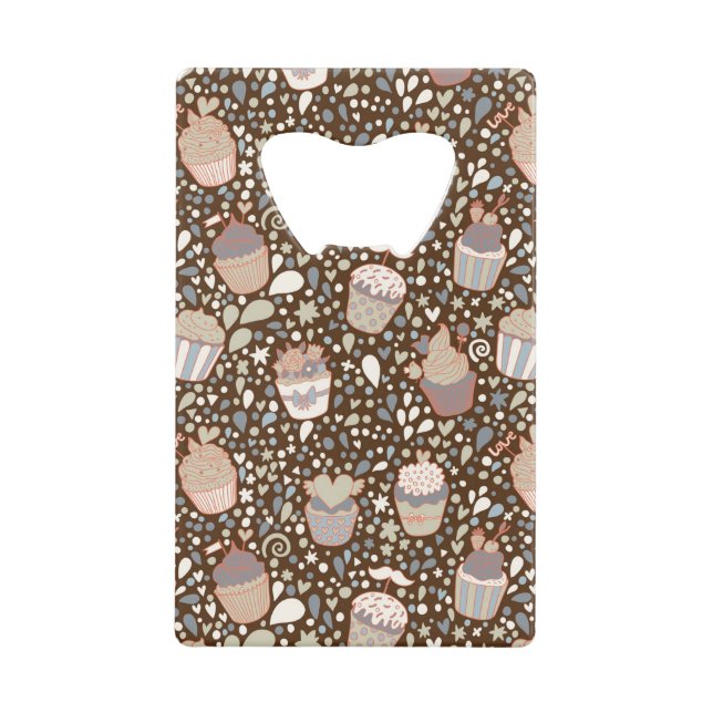 Sweet  pattern made of tasty cupcakes credit card bottle opener (Front)