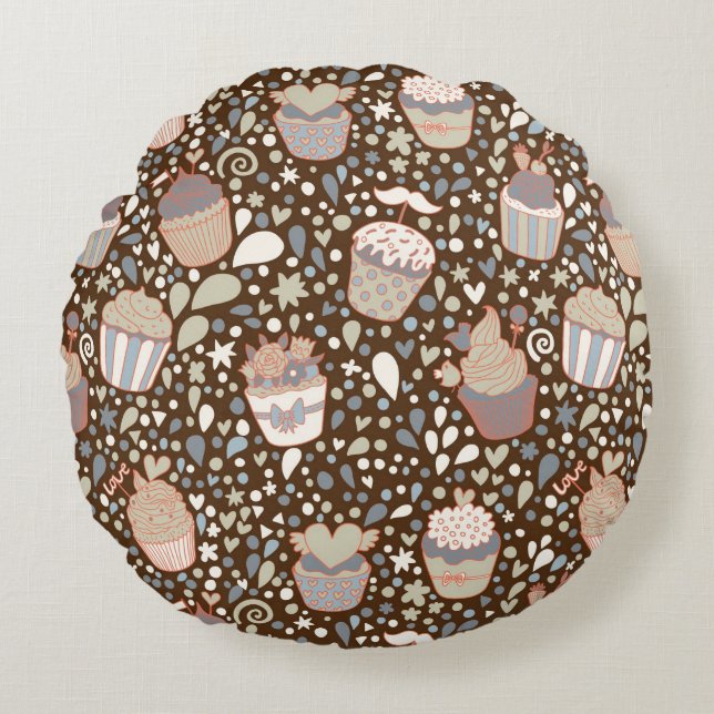 Sweet  pattern made of tasty cupcakes round pillow (Front)