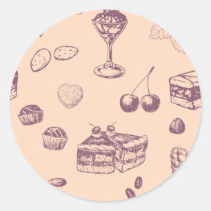 Sweet pattern with various desserts. classic round sticker