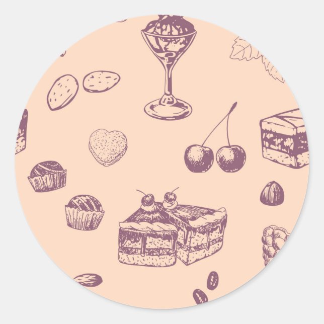 Sweet pattern with various desserts. classic round sticker (Front)
