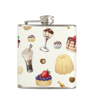 Sweet pattern with various desserts. hip flask