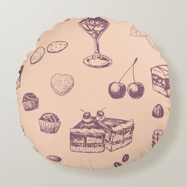 Sweet pattern with various desserts. round pillow (Front)