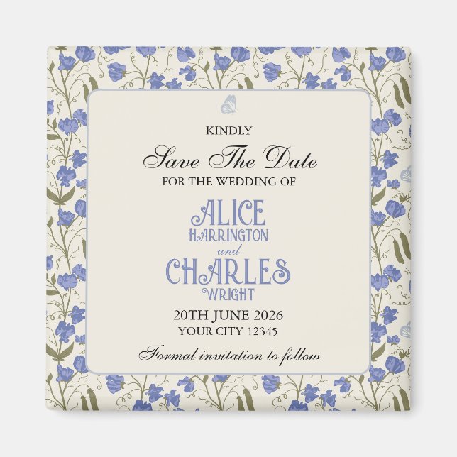 Sweet Pea Floral Blue and Cream  Magnet (Front)