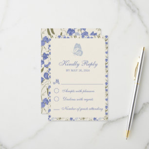 Sweet Pea Floral Blue and Cream RSVP Card