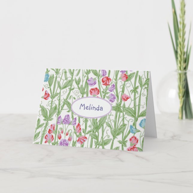 Sweet Pea Floral Pattern Personalized Monogram Note Card (Front)