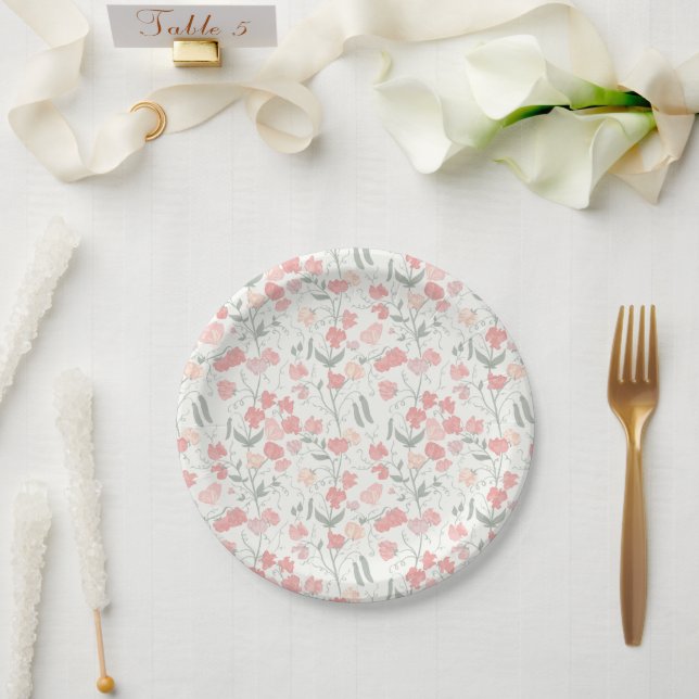 Sweet Pea flowers Pink and Cream Paper Plate (Wedding)