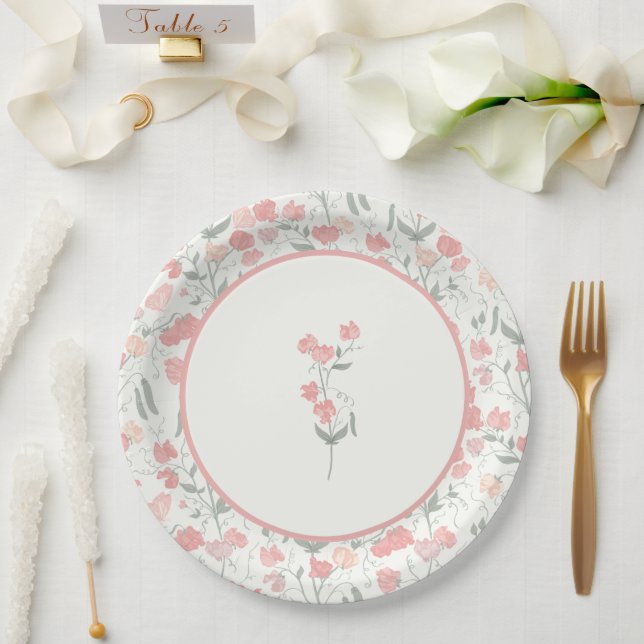 Sweet Pea Pink Floral Wedding Cream Paper Plate (Wedding)