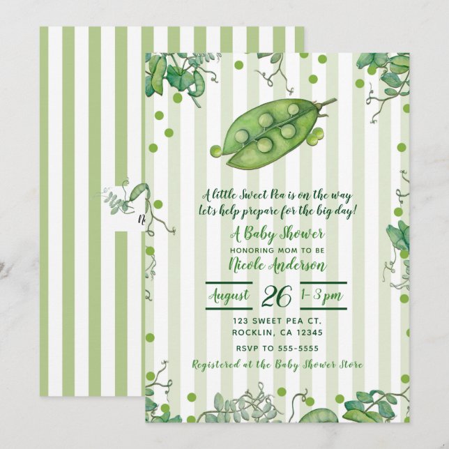 Sweet Pea Pod Green Striped Baby Shower Invitation (Front/Back)