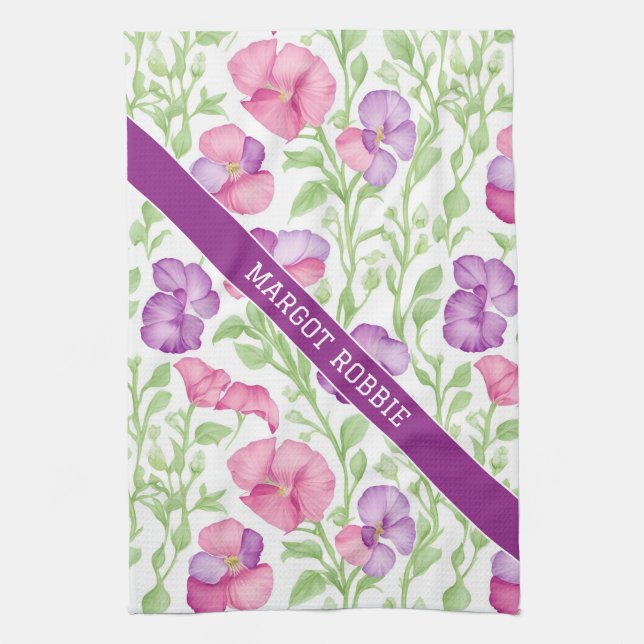 Sweet pea Watercolor Colourful Personalized Patter Kitchen Towel (Vertical)