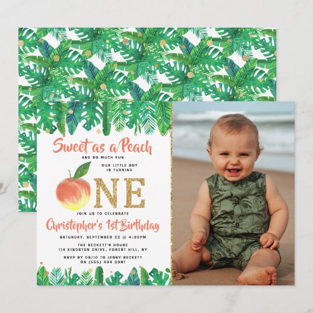 Sweet Peach Boys 1st Birthday Photo Invitation (Front/Back)