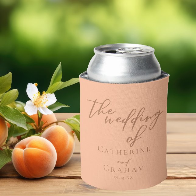 Sweet Peach Minimalist Script Summer Wedding Can Cooler (Creator Uploaded)