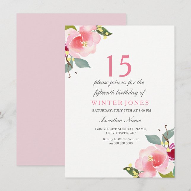 Sweet Peach Pink Flower 15th Birthday party invite (Front/Back)