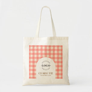 Sweet peach pink Gingham preppy Logo Business Tote Bag