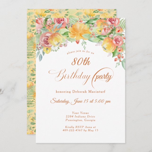 Sweet Peach Roses Floral 80th Invitation (Front/Back)