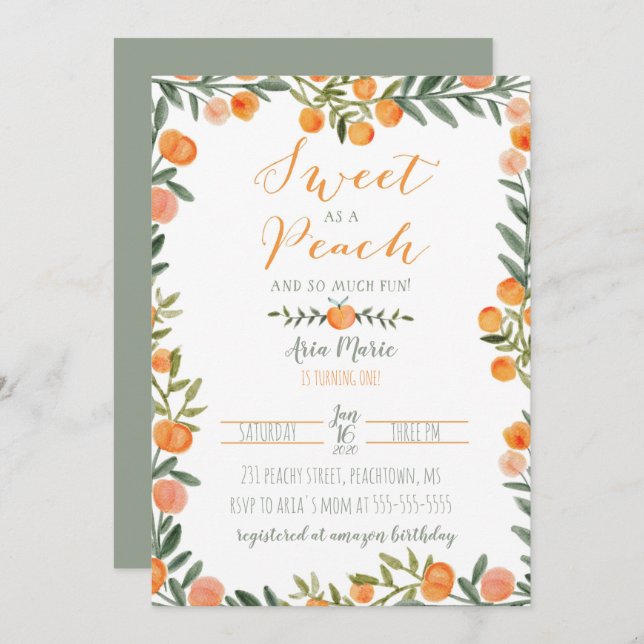 Sweet Peach Thème Premier anniversaire Invitation (Devant / Derrière)