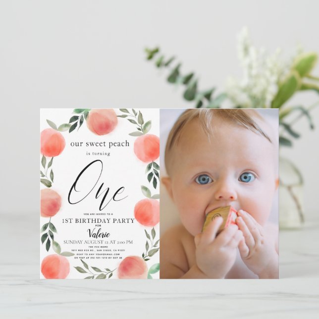 Sweet Peach Watercolor 1st Birthday Photo Invitation (Standing Front)