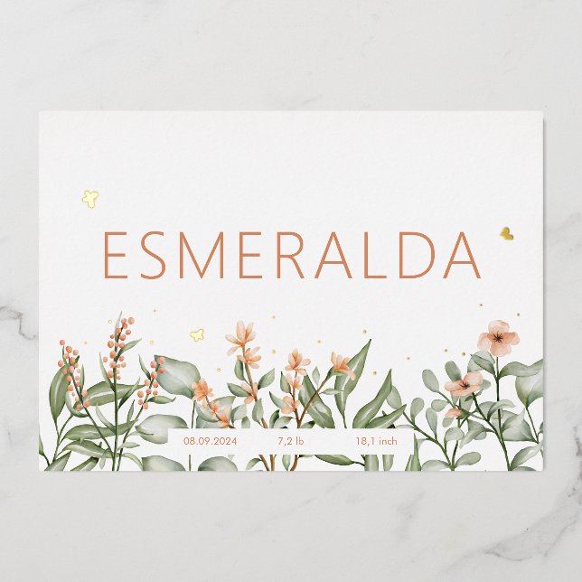 Sweet peachy floral Foil  birth Announcement (Front)