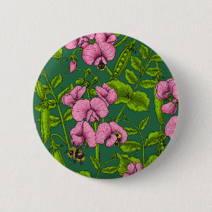 Sweet peas and bumblebees, green and pink 2 inch round button