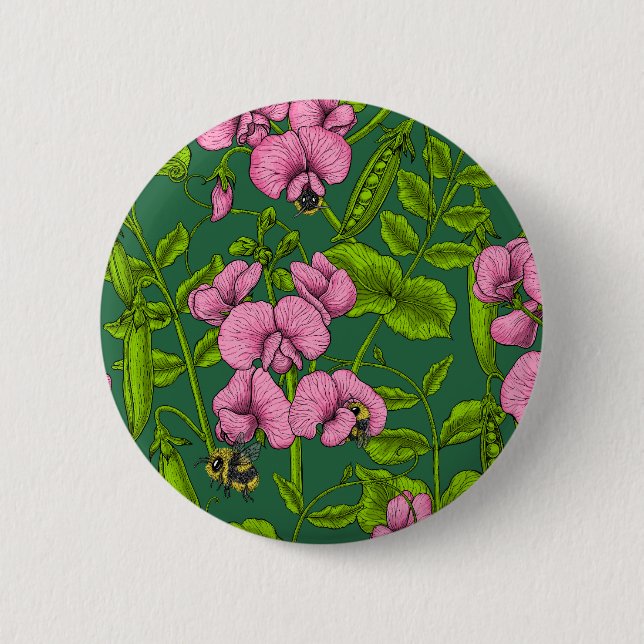 Sweet peas and bumblebees, green and pink 2 inch round button (Front)