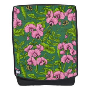Sweet peas and bumblebees, green and pink backpack