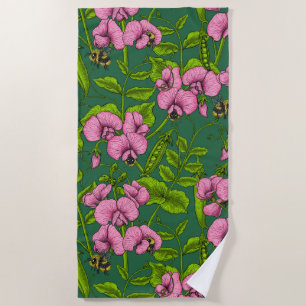 Sweet peas and bumblebees, green and pink beach towel