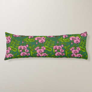 Sweet peas and bumblebees, green and pink body pillow