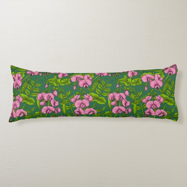 Sweet peas and bumblebees, green and pink body pillow (Front)
