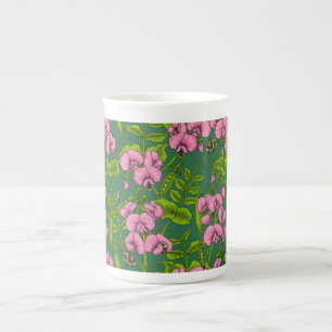 Sweet peas and bumblebees, green and pink bone china mug