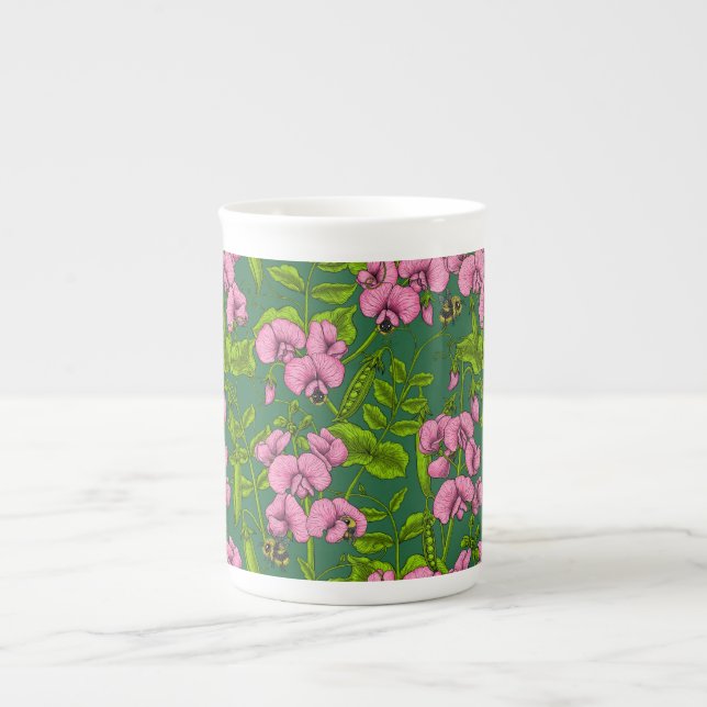 Sweet peas and bumblebees, green and pink bone china mug (Front)