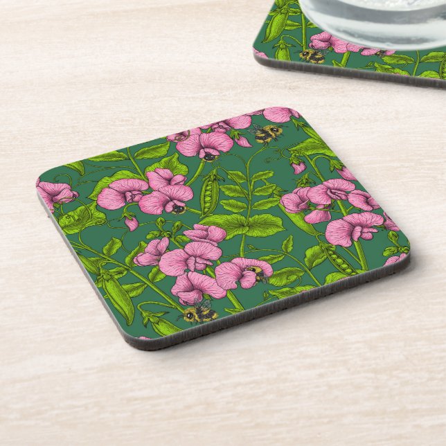 Sweet peas and bumblebees, green and pink coaster (Left Side)