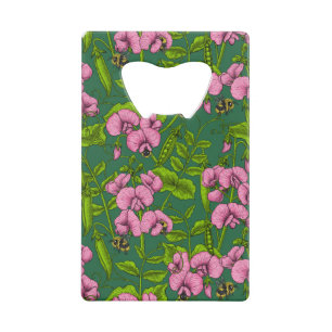Sweet peas and bumblebees, green and pink credit card bottle opener