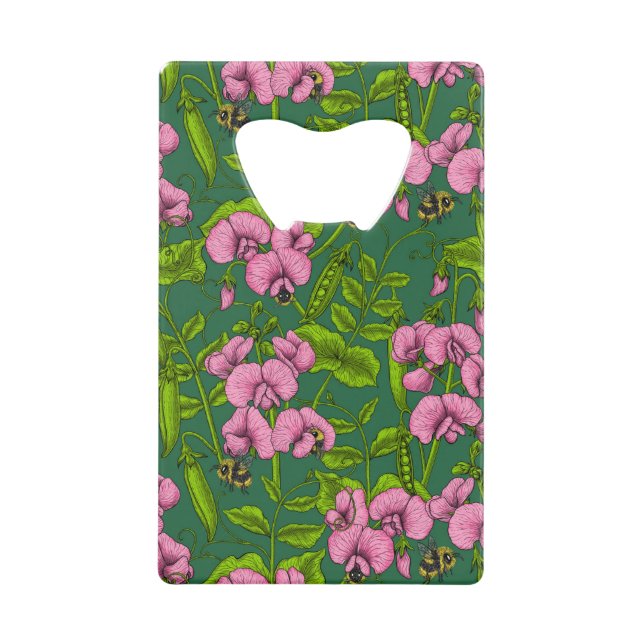 Sweet peas and bumblebees, green and pink credit card bottle opener (Front)