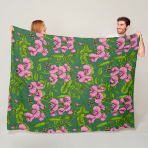 Sweet peas and bumblebees, green and pink fleece blanket