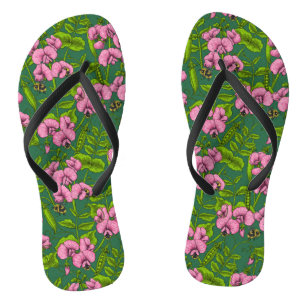 Sweet peas and bumblebees, green and pink flip flops