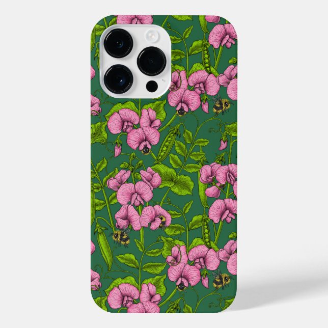 Sweet peas and bumblebees, green and pink iPhone case (Back)