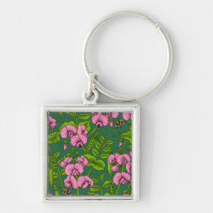Sweet peas and bumblebees, green and pink keychain