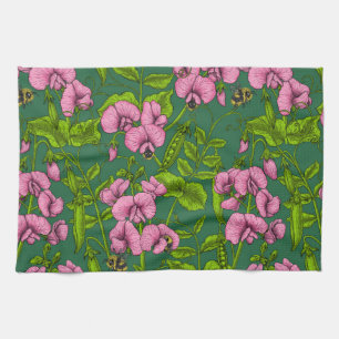 Sweet peas and bumblebees, green and pink kitchen towel