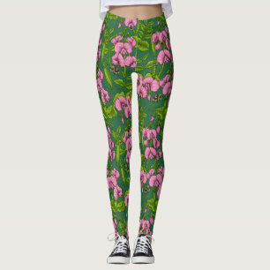 Sweet peas and bumblebees, green and pink leggings
