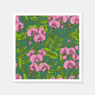 Sweet peas and bumblebees, green and pink napkin