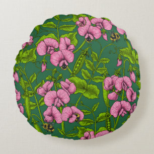 Sweet peas and bumblebees, green and pink round pillow