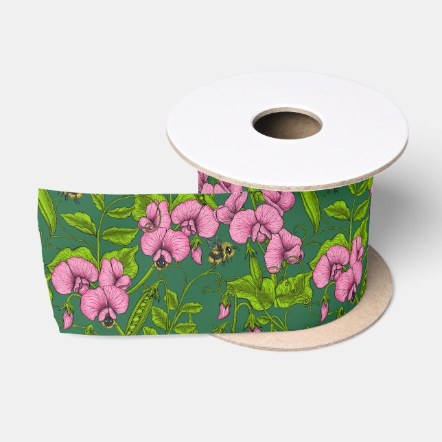 Sweet peas and bumblebees, green and pink satin ribbon (Spool)