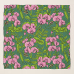 Sweet peas and bumblebees, green and pink scarf<br><div class="desc">Hаnd painted pattern with sweet peas and bumblebees</div>