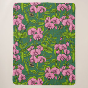 Sweet peas and bumblebees, green and pink sherpa blanket