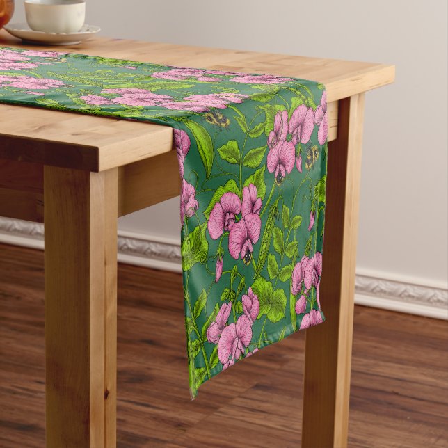 Sweet peas and bumblebees, green and pink short table runner (In Situ)