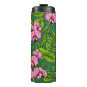 Sweet peas and bumblebees, green and pink thermal tumbler