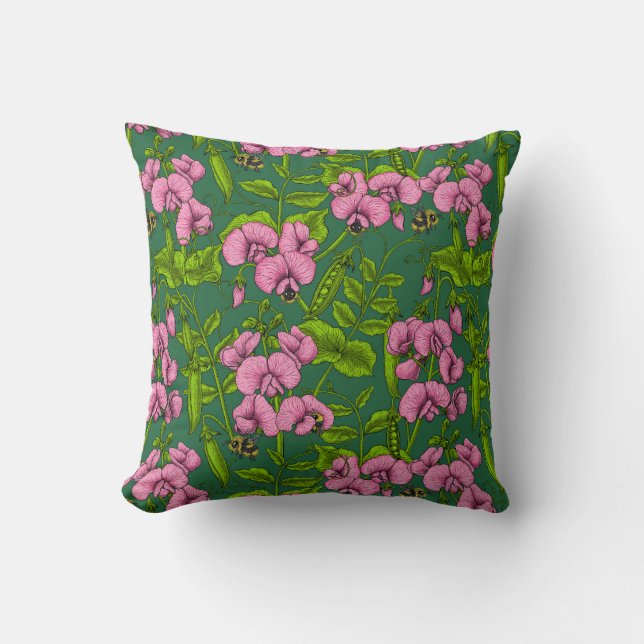 Sweet peas and bumblebees, green and pink throw pillow (Front)