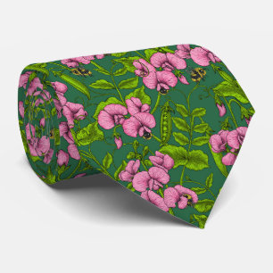 Sweet peas and bumblebees, green and pink tie