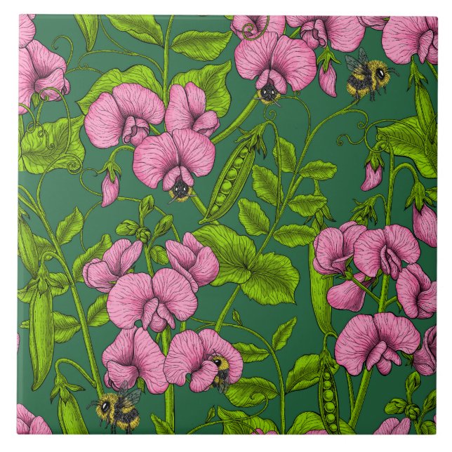 Sweet peas and bumblebees, green and pink tile (Front)